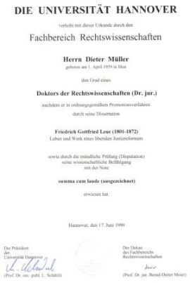 Scan der Promotionsurkunde von Prof. Dr. Dieter Müller; Bildquelle: IVV Bautzen